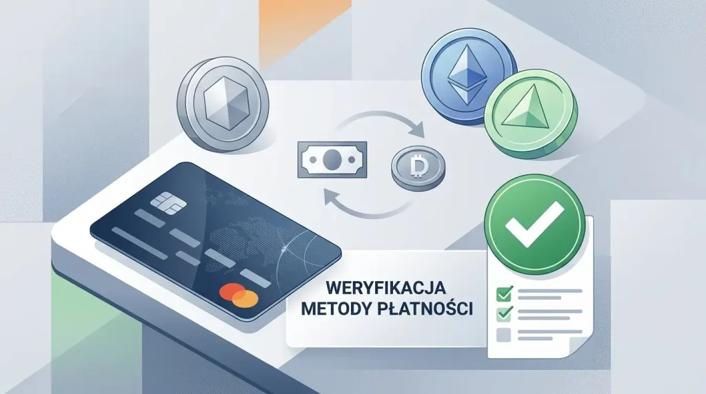 Neutralna ilustracja płatności kartą, kryptowalutą i kontroli metody w kasynie