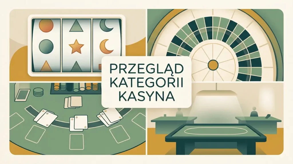 Neutralna mozaika kategorii kasynowych: sloty, ruletka, blackjack i live dealer