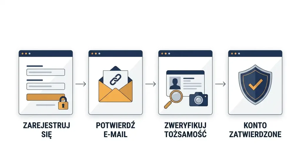 Neutralny diagram etapów rejestracji, potwierdzenia e-mail i weryfikacji konta