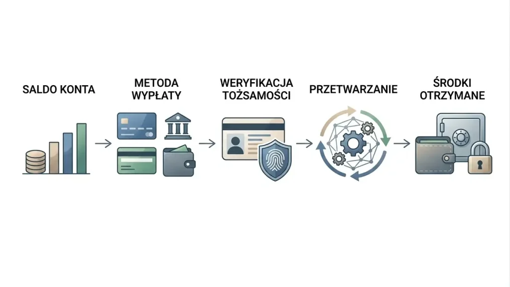 Neutralny schemat procesu wypłaty od salda przez metodę i weryfikację do zaksięgowania