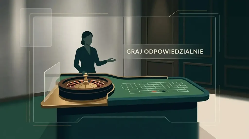 Stylizowana scena stołu live casino z kartami i kołem ruletki bez logotypów